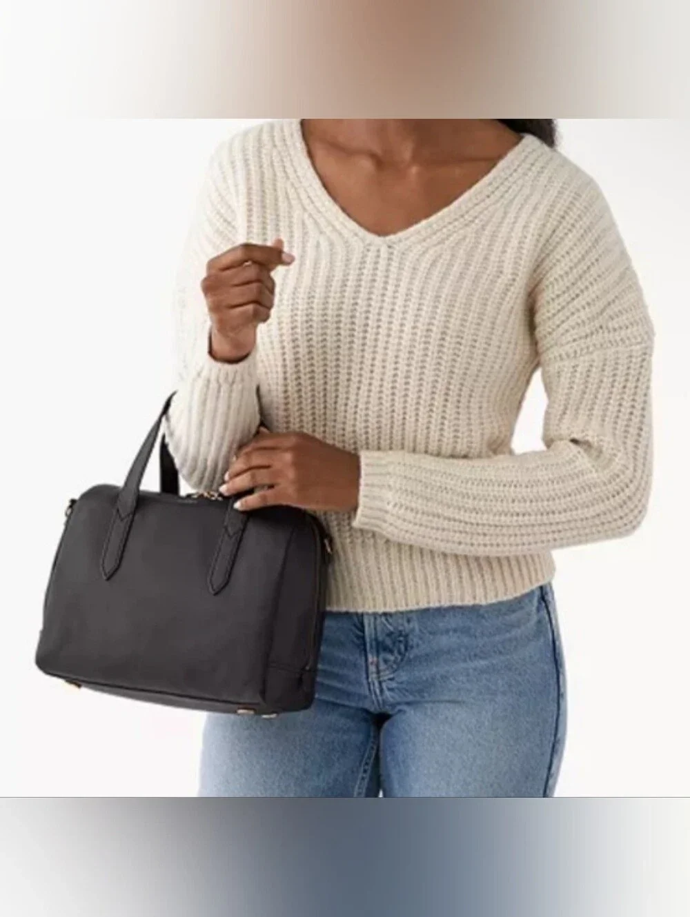 Fossil Black Leather Box Satchel with Gold Hardware